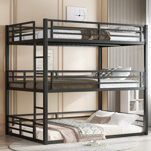 English Elm Full Triple Bunk Bed - Heavy-Duty Metal Frame With Safety Guardrails, Space-Saving Design, Black W1580S00144