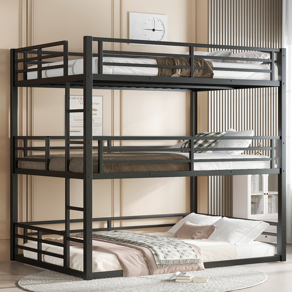 English Elm Full Triple Bunk Bed - Heavy-Duty Metal Frame With Safety Guardrails, Space-Saving Design, Black W1580S00144