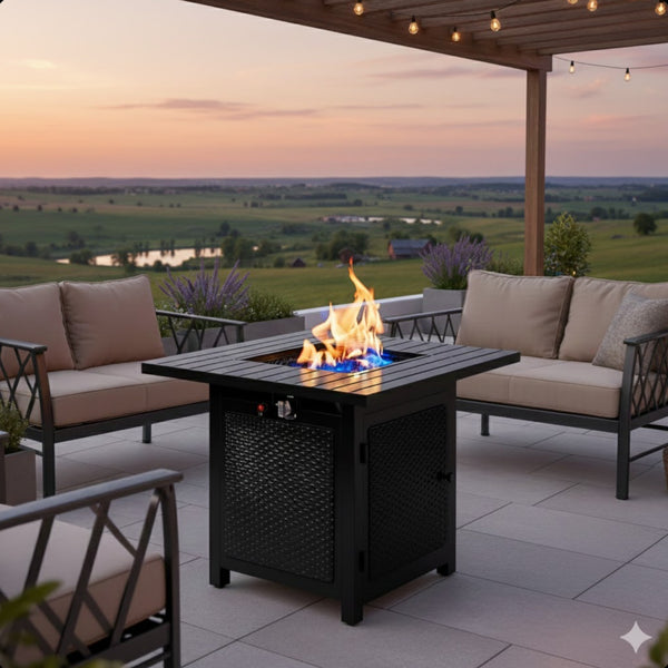 English Elm 30”width Outdoor Rattan Iron Propane Fire Pit Table 50000 Btu Patio Entertainer B082P454965