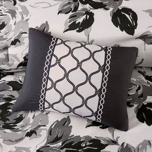 JLA Home Intelligent Design - Floral Black & White Microfiber Comforter Set with Bold Floral Face, Solid Reverse and Decorative Pillows 90 L x 90 W x 1H ID10-1591