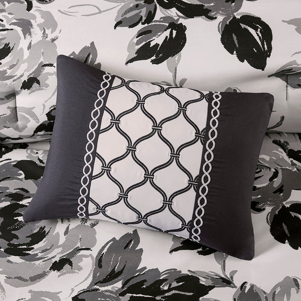 JLA Home Intelligent Design - Floral Black & White Microfiber Comforter Set with Bold Floral Face, Solid Reverse and Decorative Pillows 90 L x 90 W x 1H ID10-1591