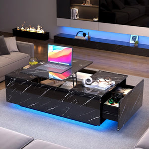English Elm Coffee Table with Led Lighting Bluetooth Speaker Wireless Charging and Faux Marble Top T3773P415730