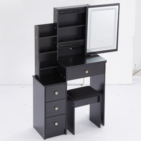 English Elm 29.2" Compact Vanity Table Set With Led Mirror, Touch Control, Large Storage & Stylish Stool For Small Spaces W936P226032
