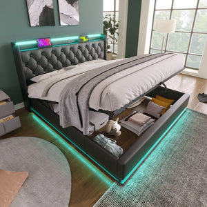 English Elm King Upholstered Bed with Surround LED, App/Remote Control, Hydraulic Storage, USB Type-C Charging Black N736P188808B
