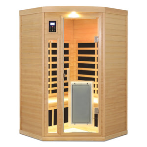 English Elm Low Emf Two Person Far Infrared Corner Sauna in Hemlock Wood with Glass Door Panel W632S00027