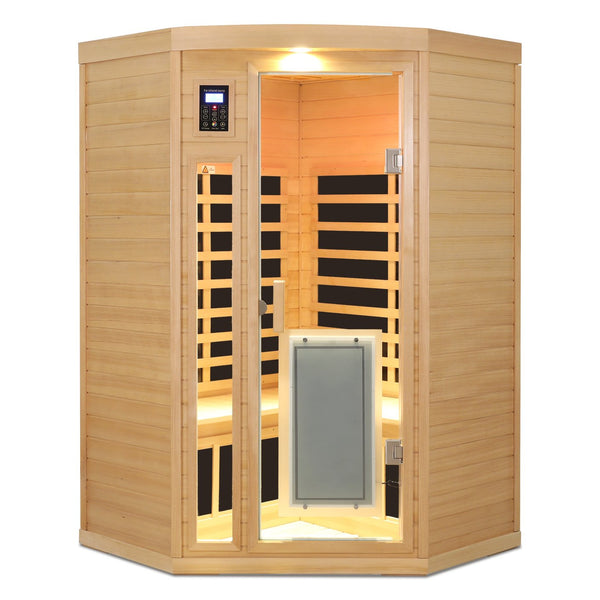 English Elm Low Emf Two Person Far Infrared Corner Sauna in Hemlock Wood with Glass Door Panel W632S00027