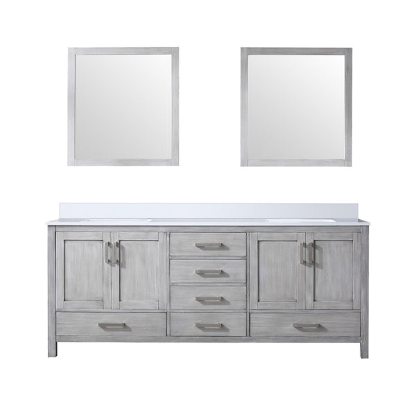 English Elm Distressed Grey Double Bath Vanity with White Quartz Top, Soft-Close Storage, Two 30" Mirrors B2731S00843