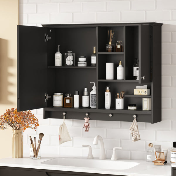 English Elm 36 Inch Wall Mounted Medicine Cabinet with HD Mirror, Adjustable Shelves, Towel Hooks, Modern Style Black N710P254924B