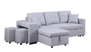 English Elm Dino Linen Tufted Sleeper Sectional with Reversible Chaise Storage and Two Ottomans Light Gray B2749S00202