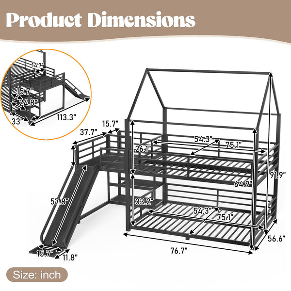 English Elm Twin House Bunk Bed with Slide Storage Stairs and Safety Rails for Kids Rooms W1580S00649