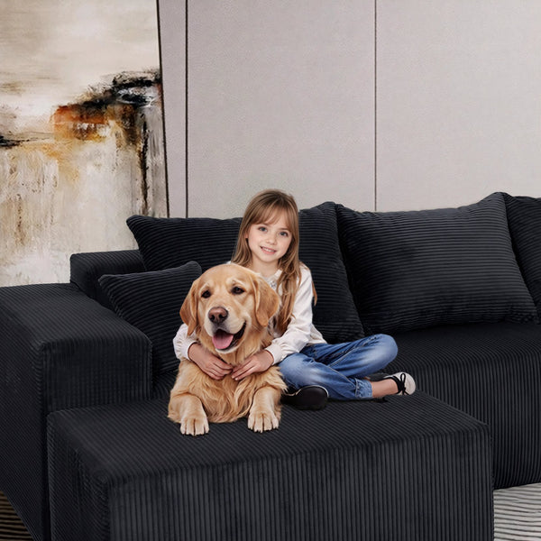 English Elm 4-Piece Modular L-Shaped Sectional Sofa with Corduroy Upholstery, Convertible Chaise, Pillows Included Black W3163S00038