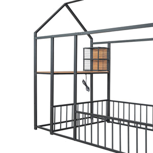 English Elm Twin House Bed Frame with Roof & Fence, Metal Twin Loft with Built-In Desk Shelves USB Outlets Black N737P173490B