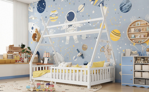 English Elm Twin House Bed with Roof and Guardrails, Low Floor Kids Playhouse Bed with Tent and Lights, Cozy Design White 80.91 L x 15.55 W x 6.5 H W2593P296909