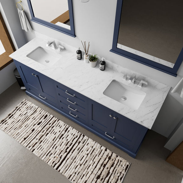 English Elm Navy Blue Double Bath Vanity With Carrara Marble Top, Chrome Faucet Set & 30” Mirrors, 80” Wide B2731S01033