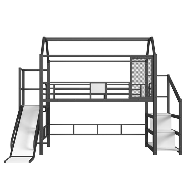 English Elm Twin House Loft Bed with Slide and Stairs, Metal Playhouse with Storage Shelves and Quiet Design Black W1580S00348
