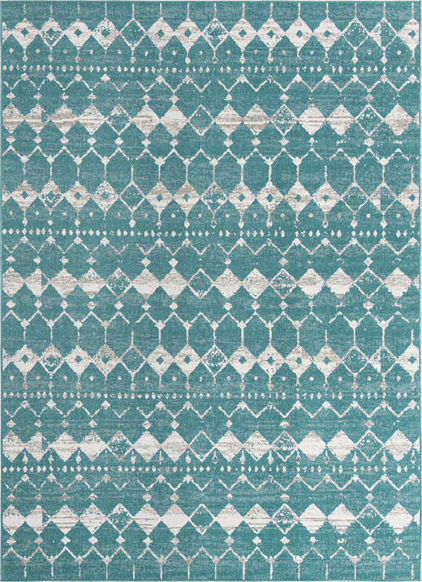Unique Loom Outdoor Trellis Cardak Machine Made Geometric Rug Teal, Ivory/Gray 9' 0" x 12' 2"
