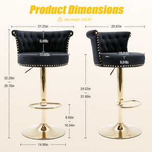 English Elm UNITED Velvet 360° Rotating Bar Chair with Diamond Stitching, Gold Frame, Plush Foam Seat, Adjustable Height Black W1568P361716