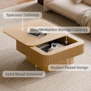 English Elm 31.5'' Square Wood Veneer Flip Top Storage Coffee Table with Slat Detail for Living Rooms Natural Wood W1435P375245