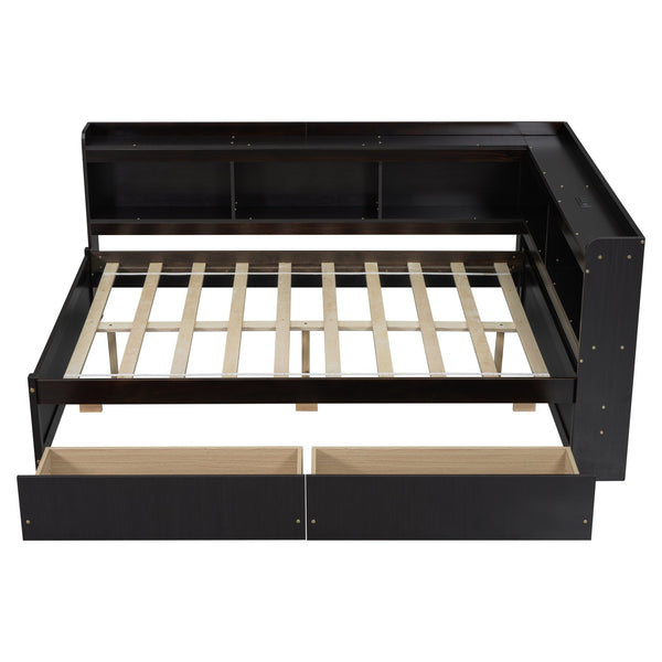English Elm Full Size L-Shaped Bed With Bookcases, Usb Ports & Storage Drawers - Smart Space-Saving Solution! W504S00220