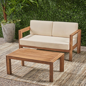 English Elm Christopher Knight Home® - GENSER Plush Beige & Brown Loveseat with Acacia Coffee Table — Water-Resistant Cushions, Durable Outdoor Set 66073.00DLBGE