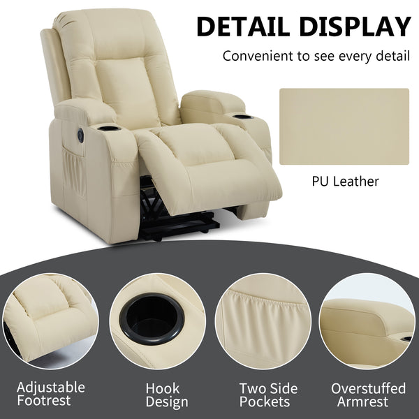 English Elm Beige Pu Leather Power Lift Recliner with Massage Lumbar Heat and Usb Charging Beige W1803S00085