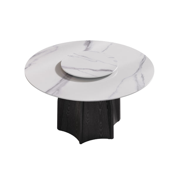 English Elm 53" Round Marble Dining Table With Lazy Susan, Black Oak Base For 6, Modern Elegance For Your Home W1535S00380
