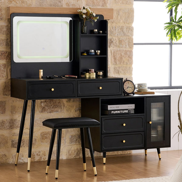 English Elm Modern Makeup Vanity Desk with LED 3-Color Mirror, Built-In Power Station, Sliding Cabinet, Stool Black N844P288432B