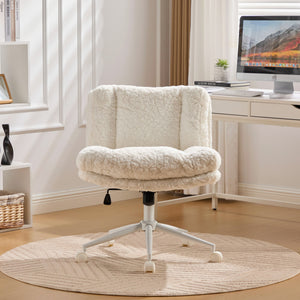 English Elm W26.4 Extra-Wide Faux Fur Office Chair with Metal Base, Ergonomic 360° Swivel, Adjustable Comfort Cream W1143P369105