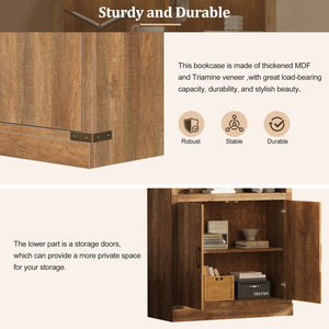 English Elm 83.4"Tall Modern Bookshelf with Doors Walnut, LED Accent Lighting, 3 Adjustable Shelves, Storage Cabinet N751S346154W