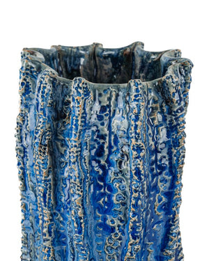 Currey & Company Folios Vase - Handcrafted Dark Clay Ceramic With Unique Blue Reactive Glaze & Textured Design Blue Ceramic 1200-1048-currey-company