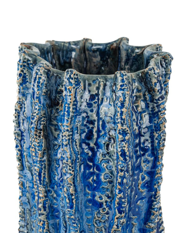 Currey & Company Folios Vase - Handcrafted Dark Clay Ceramic With Unique Blue Reactive Glaze & Textured Design Blue Ceramic 1200-1048-currey-company
