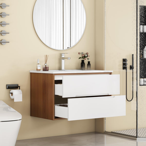 English Elm 32-Inch Wall-Mounted Bathroom Vanity With Sink Combo, Soft-Close Drawers, Modern Walnut Finish W3151S00049