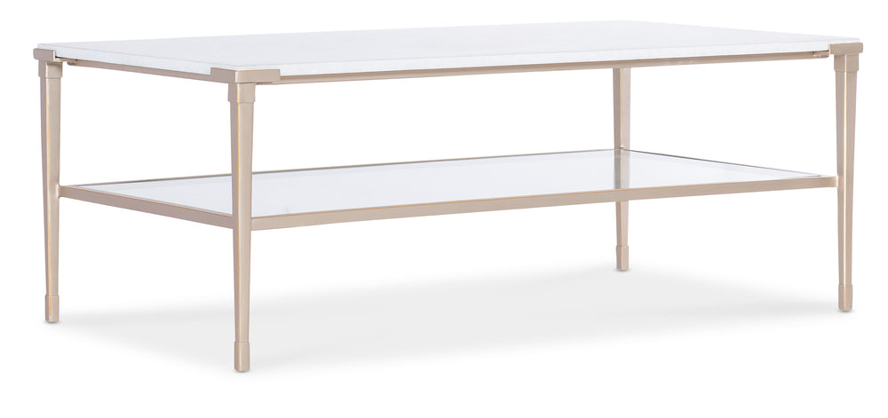 Hooker Furniture Melange Jen White Stone Top Cocktail Table with Glass Shelf and Champagne Metal Legs 628-80591-00