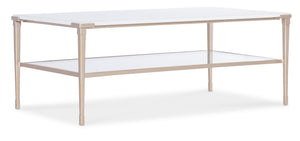 Hooker Furniture Melange Jen White Stone Top Cocktail Table with Glass Shelf and Champagne Metal Legs 628-80591-00