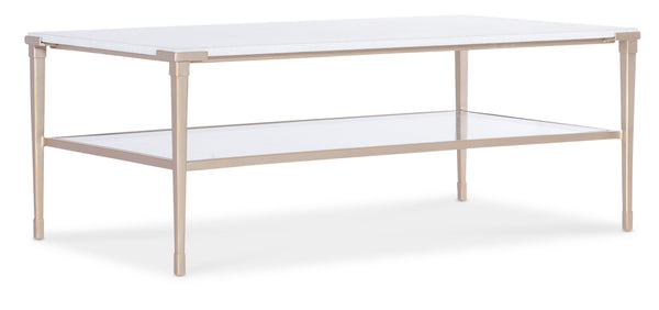 Hooker Furniture Melange Jen White Stone Top Cocktail Table with Glass Shelf and Champagne Metal Legs 628-80591-00