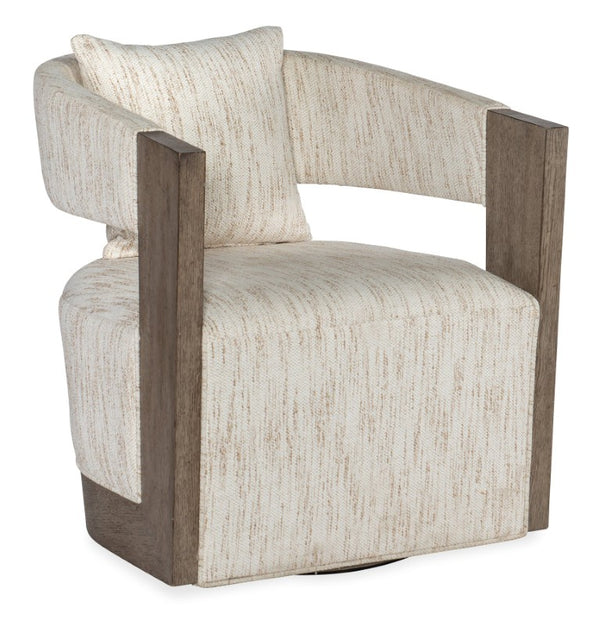 Hooker Furniture Calloway Sculptural Swivel Chair In Daphne Parchment With Smoked Gray Oak Base And Lumbar Pillow - Comfort And Style CC202-SW-485