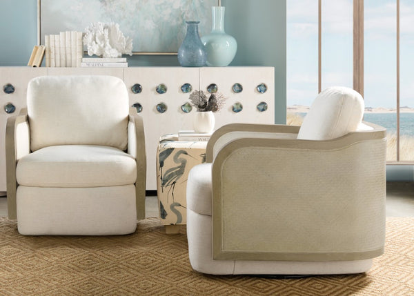 Hooker Furniture Wilma Coastal Swivel Chair With Woven Rattan, Light Wood Frame & Halston White Performance Fabric — Durable Comfort And 360° Movement CC903-SW-404