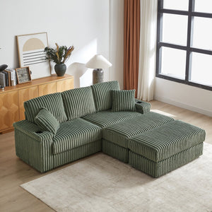English Elm 84Inch Corduroy sofa with deep seats, 3 back pillows, 2 toss pillows, ottomans, cup grooves, storage Army Green W834S00355