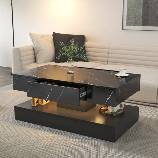 English Elm 16.93IN LED Coffee Table with Remote RGB Lighting, Spacious Drawer, Melamine Finish, Modern Elegance Black W331P269986