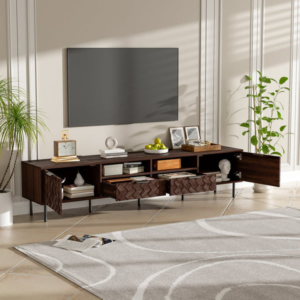 English Elm 78 Inch Walnut Media Console with Slatted Doors Iron Legs and Cable Management N710P373605Q