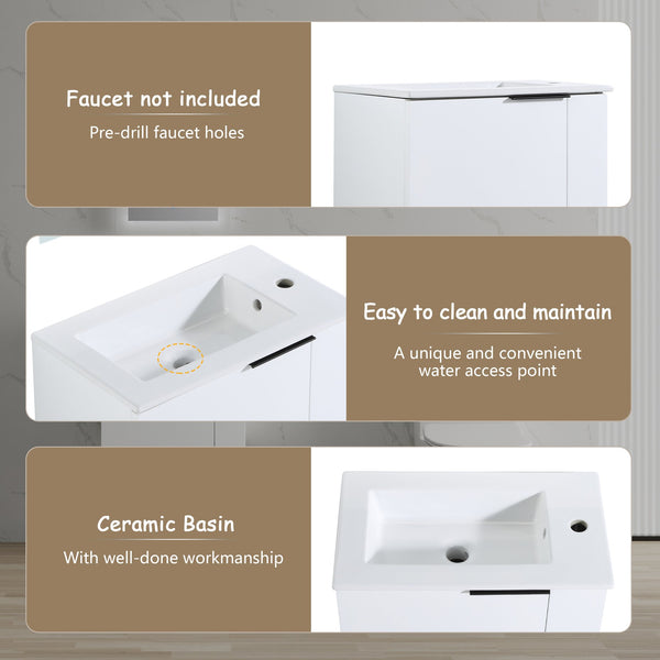 English Elm Bathroom Vanity Ceramic Sink 22" Floating Small Bathroom Cabinet Soft-Close Doors Matte Black Handle W99984104