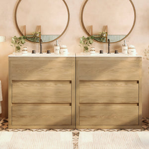 English Elm Christopher Knight Home® - 60" Double Sinks Bathroom Vanity Set with Two Ceramic Basins, Soft-Close Drawers, Sleek Handle-Free Design Natural Wood N817P280550N