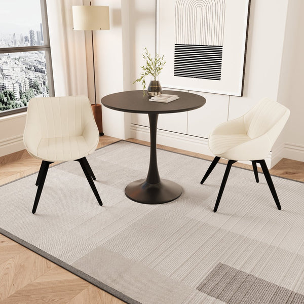 English Elm 31.5" Black Mdf Round Tulip Dining Table Set With 2 Beige Chairs - Modern 3-Piece Kitchen Furniture W2189S00640