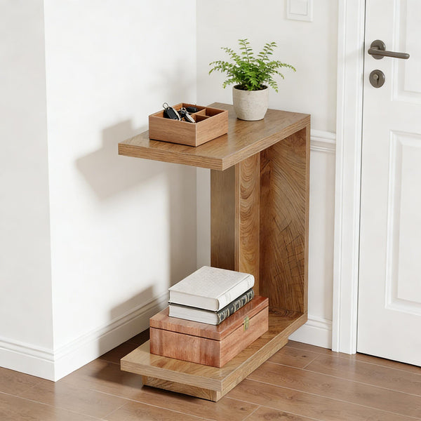 English Elm C-shaped Side Table Slatted Mdf Frame Dark Wood Finish Sofa or Bed Accent T3971P451312