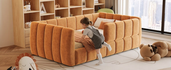 English Elm Upholstered Velvet Toddler Daybed with Removable Guardrails and Solid Slat Support Orange N899P452426C