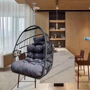 English Elm Swing Hammock Egg Chair with Wood-Grain Alloy Frame, UV-Resistant Rattan, Foldable 350lb Capacity Black W2707P184373