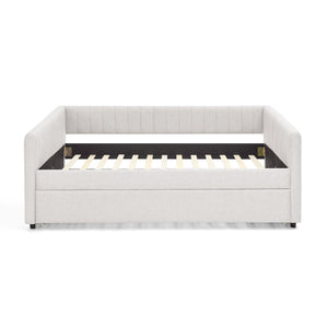 English Elm Full Size Daybed With Trundle, Elegant Beige Linen Sofa Bed, Vertical Stripes, Perfect For Guests! W1413S00091