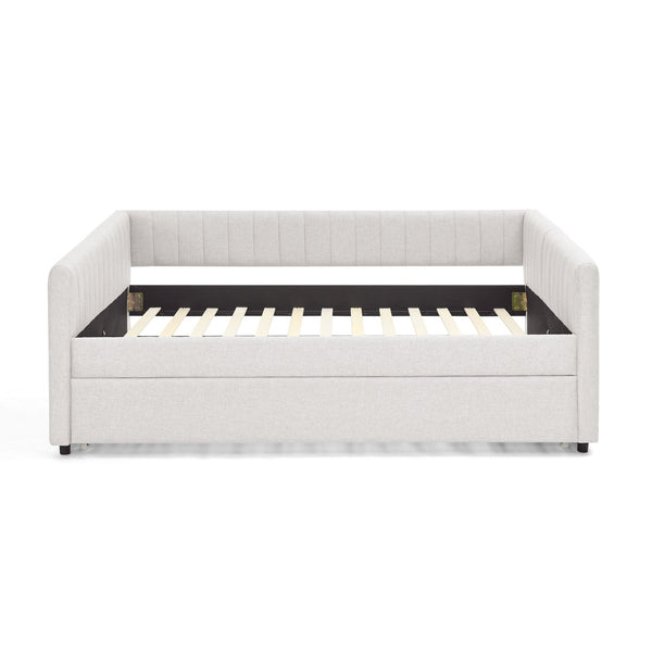 English Elm Full Size Daybed With Trundle, Elegant Beige Linen Sofa Bed, Vertical Stripes, Perfect For Guests! W1413S00091