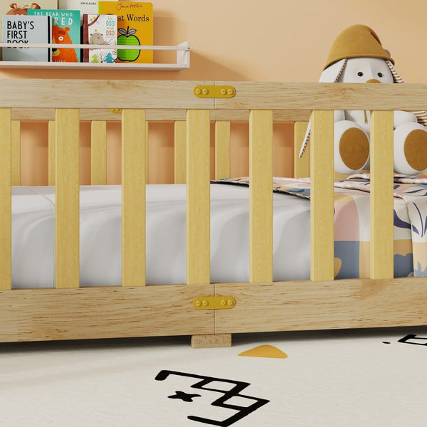 English Elm Twin Size Floor Bed With Safety Fence And Door – Eco-Friendly Rubber Wood, Low-Profile Design For Kids W504P286374-GIGA