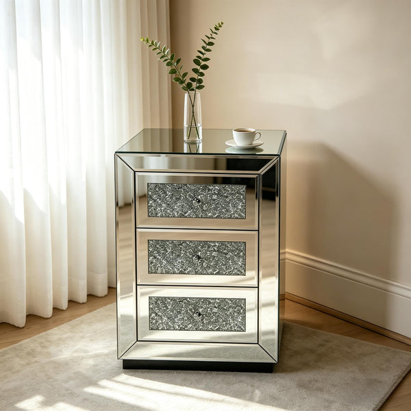 English Elm 3-drawer Mirrored Nightstand with Glitter Glam Silver Finish for Bedroom or Entryway W3935P462091